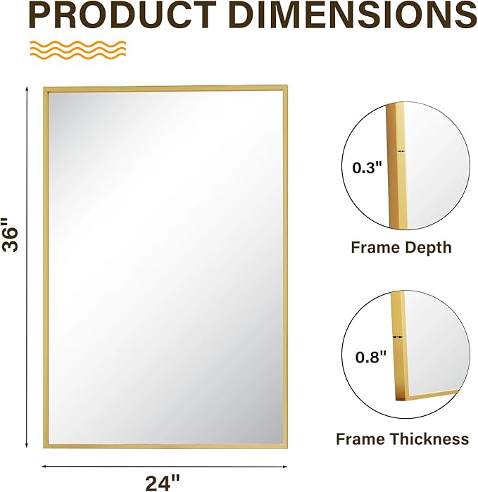 HARRITPURE 24"x36" Framed Bathroom Mirror for Wall Rectangle Mirror Aluminum Alloy Frame Wall-Mounted for Farmhouse Entryway Bedroom Living Room Gold