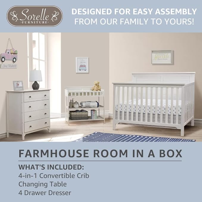 Sorelle Furniture Farmhouse 3-Piece Nursery Set with 4-in-1 Convertible Crib, 4-Drawer Dresser, and Changing Table with Shelves, Baby Furniture Made of Wood, Non-Toxic Finish-Weathered White