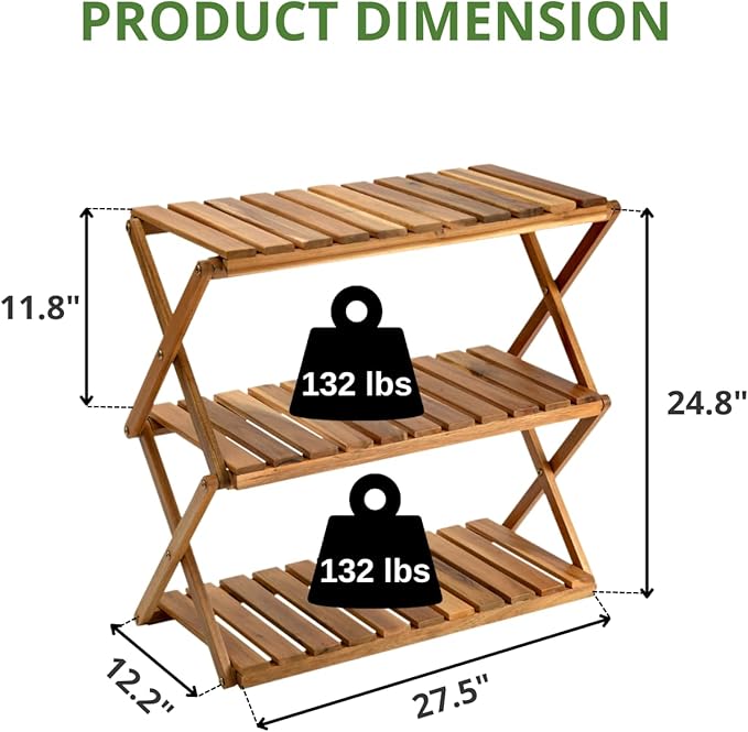 BEEFURNI Multipurpose Display Shelf Folding, 3 Tier Shelf, Acacia Wood Rack, Plant Stand Indoor, Wooden Shoe Rack, Vanity Bathroom Stand, Easy to Assemble, 1 Year Warranty
