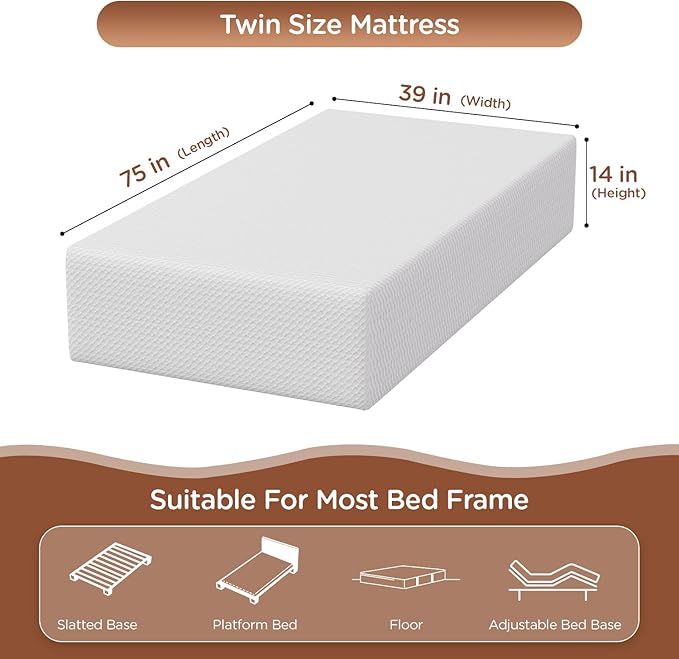 PayLessHere 14 Inch Twin Mattress Base Foam Mattress,Removable Soft Cover,Bunk Bed, Trundle, Daybed,White，Fiberglass Free