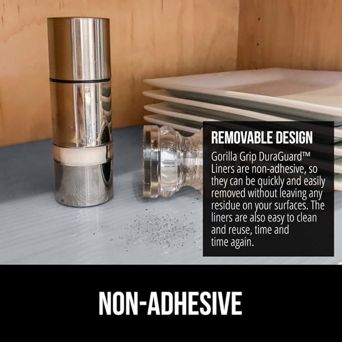 GORILLA GRIP DuraGuard Shelf Liner, Non-Adhesive Cabinet Liners for Kitchen Drawers, Shelves, Refrigerator, Pantry Storage, Bathroom Closet, Durable Waterproof BPA Free Ribbed Plastic, 12x10 Gray