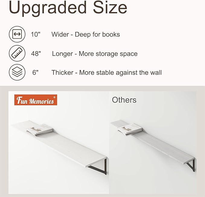 Floating Shelves 48 Inch Long, 10" Deep Floating Shelves, White Wall Shelves 48 x 10, Set of 2, Wide Large Display Storage Shelves for Bathroom, Living Room, Rustic Wood Shelves with Brackets