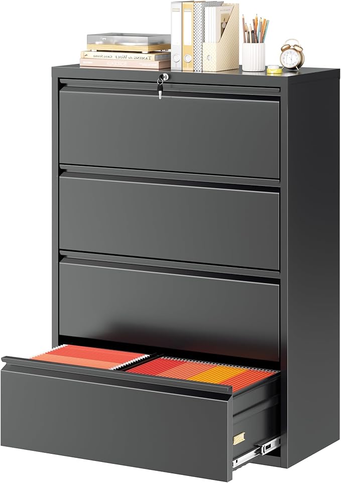 Greenvelly Lateral File Cabinet 4 Drawer, Lockable Metal Filing Cabinet for Home Office, Black Metal File Cabinet with Lock for Legal/Letter/A4/F4 Size with Hanging Bars&Key