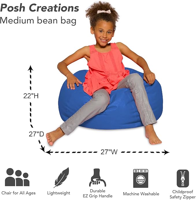 Posh Creations Bean Bag Chair for Kids, Teens, and Adults Includes Removable and Machine Washable Cover, Solid Royal Blue, 27in - Medium