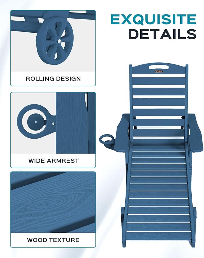 Ciokea Lounge Chair Outdoor, Oversized Chaise Lounge Chair with 5 Positions, HDPE, Patio Lounge Chair with Wheels & Cup Holder for Pool, Deck, Poolside, Azure Blue