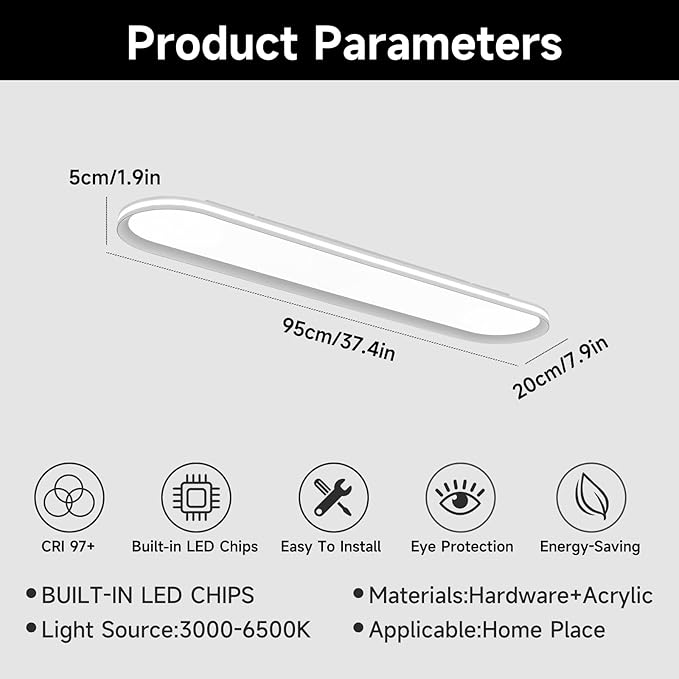 37.4" Metal LED Ceiling Light,Slim, Edge Lit - 55W Full Spectrum Linear Ceiling Lamps,6500K Cool White Modern Ultra Thin Low Profile Light Fixture for Kitchen, Garage Home & Office Hallway