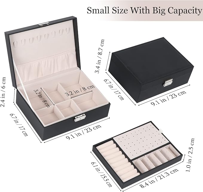 Jewelry Box for Women Girls, 2 Layers Jewelry Organizer Container with Lock, PU Leather Storage Case with Removable Tray, Jewelry Display Box for Necklaces Earrings Bracelets Rings Watches - Black