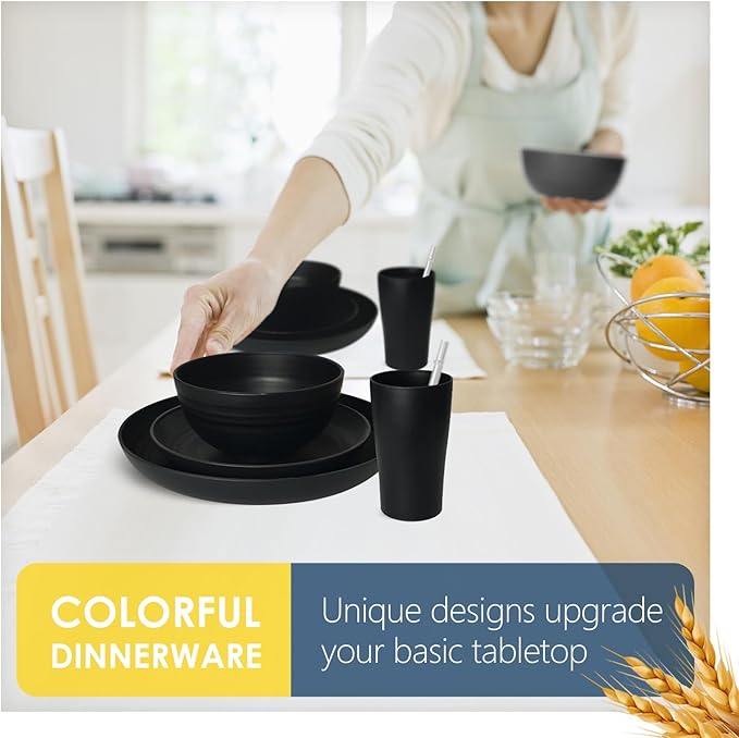 Teivio 88-Piece Kitchen Plastic Wheat Straw Dinnerware Set, Service for 8, Dinner Plates, Plates and Bowls Sets,Pasta Bowls,Cups, Flatware, Dishwasher Safe, Unbreakable Outdoor Camping Dishes, Black
