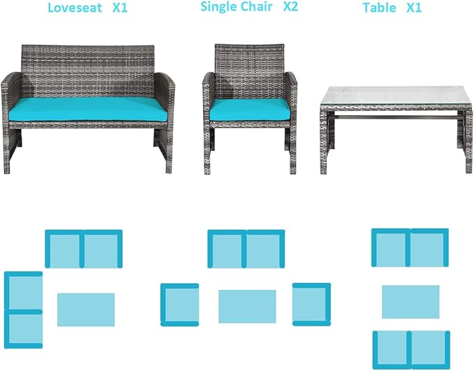 Tangkula 4 PCS Wicker Patio Conversation Set, Outdoor Rattan Sofas with Table Set, Patio Furniture Set with Soft Cushions & Tempered Glass Coffee Table for Poolside Balcony
