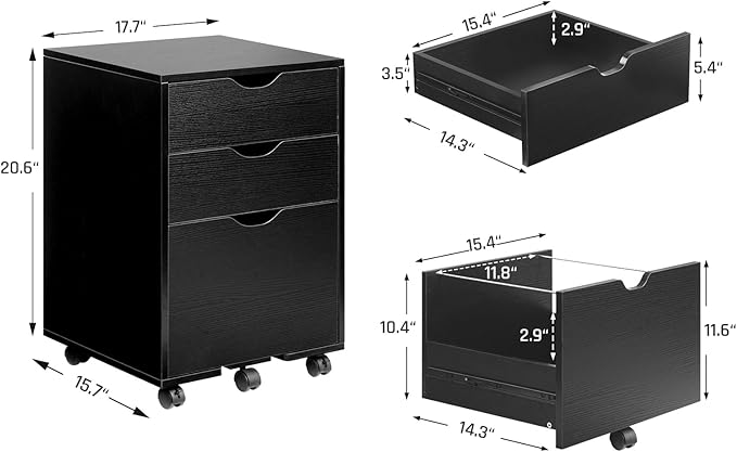 HollyHOME 3-Drawer Wood File Cabinet, Under Desk Cabinet for Home Office, Rolling Storage Shelf for Home, Printer Stand, for A4, Letter-Size Files, 11.8in Hanging File Folders, Black
