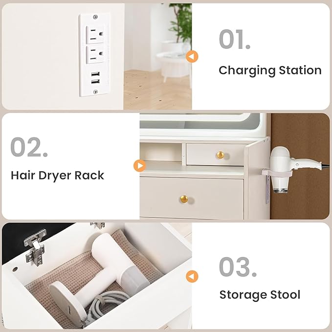 Pamapic Vanity Desk with File Cabinet, 8 Drawers Makeup Vanity with Mirror and Lights,3 Lighting Modes Dressing Table with Chair, Power Outlet, Silent Slides, White