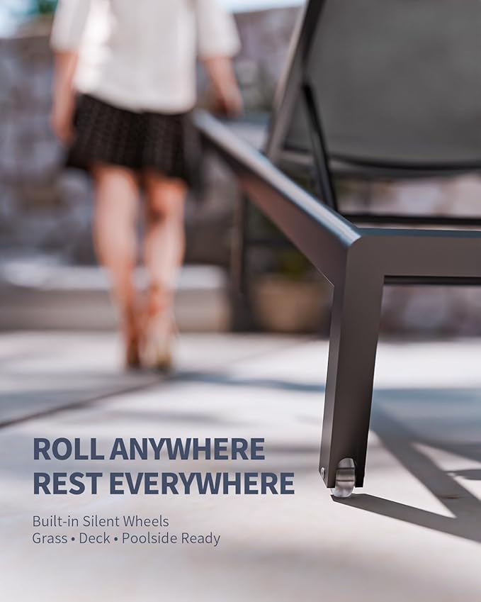 Aluminum Lounge Chairs Outdoor Chaise Furniture,2 Sets Patio Metal Deck Lounger Adjustable 5-Position Poolside Chase Recliner with Wheels for Beach,Coffee Table, (Gray, 2 Chairs)