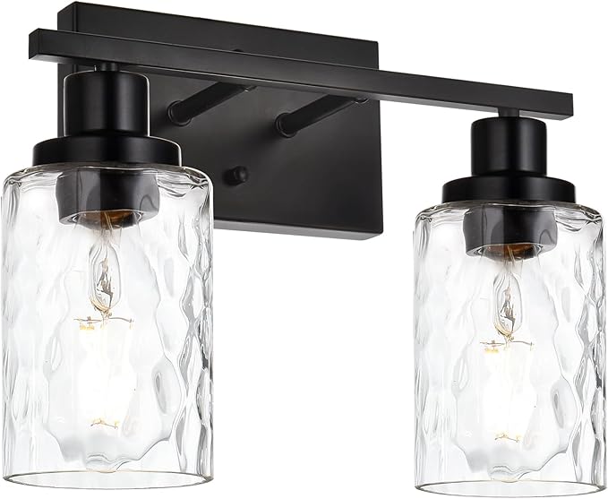 MELUCEE Indoor Wall Sconce Lighting 2-Light Matte Black with Clear Hammered Glass, Modern Bathroom Vanity Light Fixtures Wall Lamp for Mirror Cabinets Powder Room (Patent No.: US D963914 S)