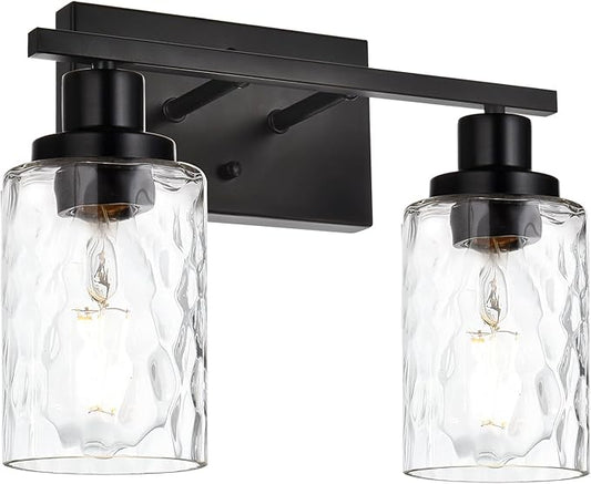 MELUCEE Indoor Wall Sconce Lighting 2-Light Matte Black with Clear Hammered Glass, Modern Bathroom Vanity Light Fixtures Wall Lamp for Mirror Cabinets Powder Room (Patent No.: US D963914 S)