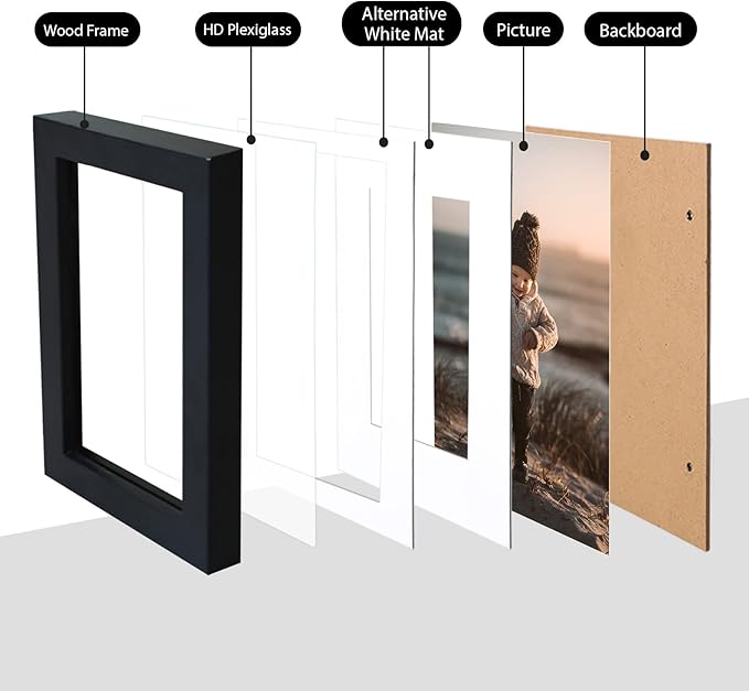KINLINK A4 Picture Frame, Black Solid Wood Frames with Acrylic Plexiglass for Pictures A5 with Mat or A4 without Mat, Tabletop and Wall Mounting Display 4 Pack