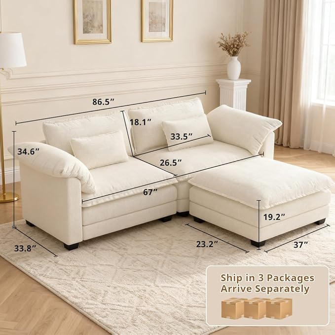 COMHOMA 86" L Shaped Sectional Sofa with Movable Ottoman,Comfy Cloud Modular Couch with Throw Pillows,Modern Chenille Deep Seat Sofa Couches for Living Room,Beige