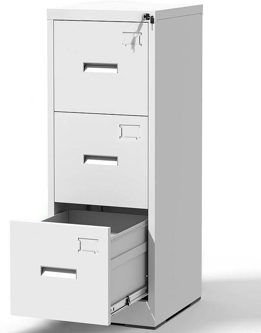 AQY 3 Drawer File Cabinet with Lock, Metal White Filing Cabinets for Home Office, 18" Deep Heavy Duty Vertical Storage Cabinet for Hanging A4/Letter/Legal Size Files, Assembly Required