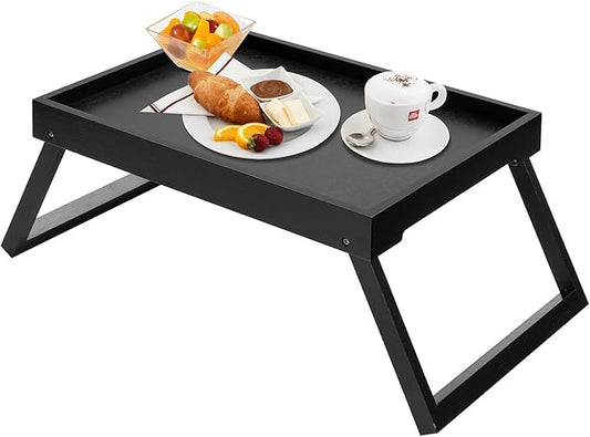 Bamboo Bed Tray Table with Foldable Legs, Breakfast Tray, Laptop Desk for Bed or Sofa,Food,Dinner,Serving,TV Table Kitchen, Eating,Working, Reading(Black)