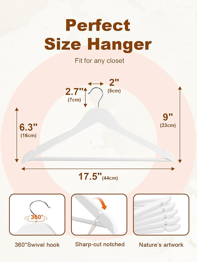 HOUSE DAY White Wooden Hangers 30 Pack, Solid Wood Hanger with Non Slip Pant Bar, Heavy Duty Wooden Coat Hanger for Closet, Smooth Finish Wood Clothes Hangers for Shirts, Suits Jackets, Dress