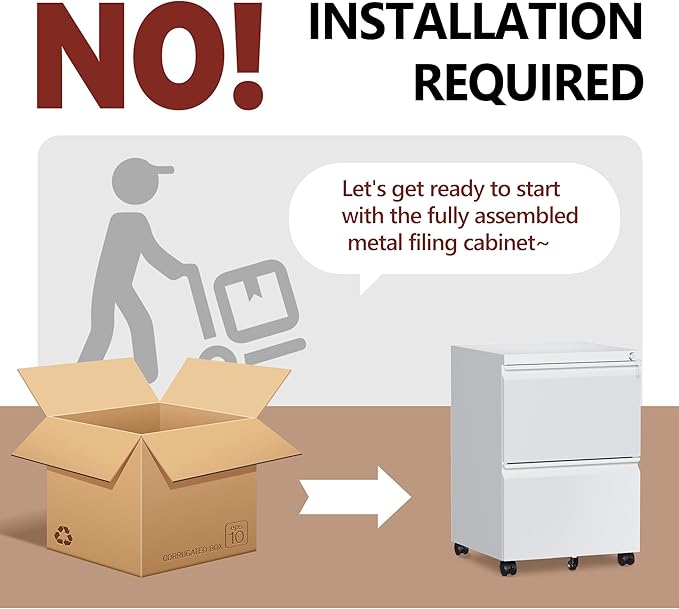 2 Drawer File Cabinet，Mobile Filing Cabinet with Lock and Wheels，Fully Assembled Metal Under Desk File Cabinets for A4/Letter/Legal Size（White