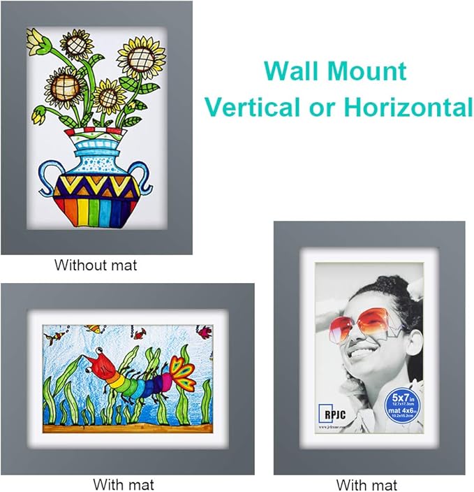 RPJC 5x7 inch Picture Frame Made of Solid Wood and High Definition Glass Display Pictures 4x6 with Mat or 5x7 Without Mat for Wall Mounting Photo Frame Grey