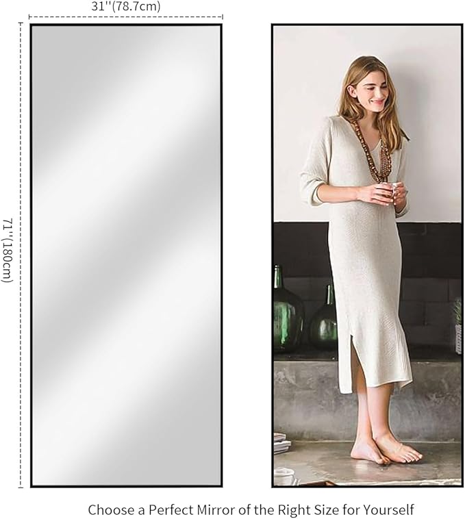 Koonmi 71"x31" Floor Mirror Full Length, Bedroom Floor Body Mirror with Stand, Large Black Mirror, Leaning, Standing or Hanging Horizontally/Vertically