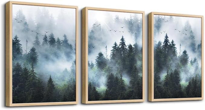 Framed Canvas Wall Art For Living Room Family Wall Decorations For Bedroom Wall Decor Foggy Forest Trees Landscape Paintings Room Pictures Artwork Home Decor Canvas Art Prints(Natural Wood Framed)