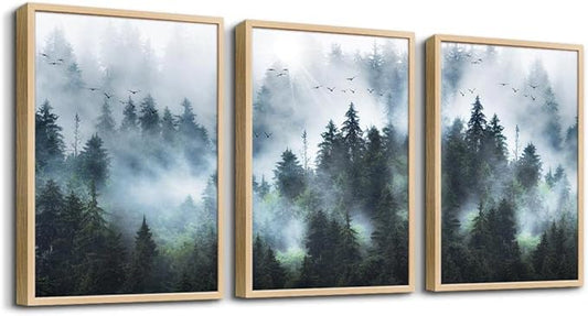 Framed Canvas Wall Art For Living Room Family Wall Decorations For Bedroom Wall Decor Foggy Forest Trees Landscape Paintings Room Pictures Artwork Home Decor Canvas Art Prints(Natural Wood Framed)