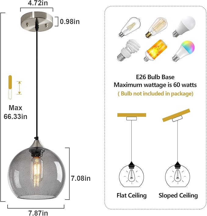 Light Grey Glass Pendant Lights Kitchen Island Lighting Globe Pendant Light Fixtures Modern Pendant Lighting for Bedroom Living Dining Room Light Fixture (7.87 in, 1 Pack)