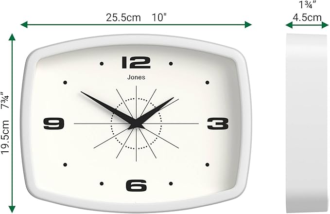 JONES CLOCKS® Movie Wall Clock | Retro Rectangular Clock | 10 inch | White | Cool mid-Century Designer Look for Kitchen, Living Room or Office