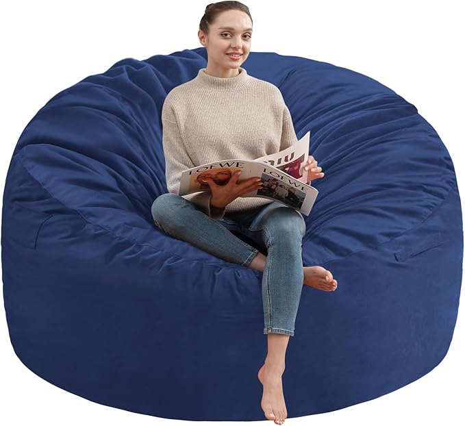 5FT Bean Bag Chair, Large Bean Bag Chairs with Memory Foam Filled, Fluffy Beanbag Sofa with Dutch Velvet Cover, Round BeanBag Chairs for Living Room, Playroom - Blue