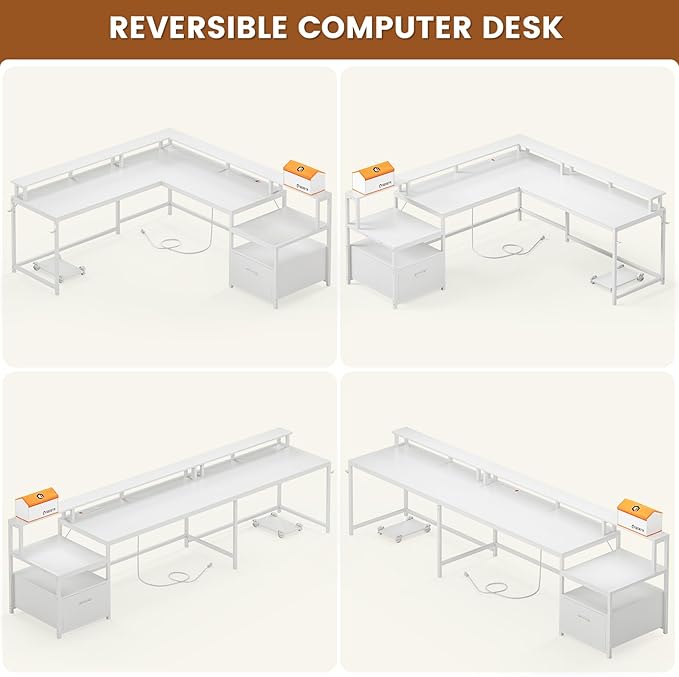 SEDETA White L Shaped Gaming Desk, 66" Home Office Desk with File Drawer, Power Outlet and Led Lights, Corner Computer Desk with Monitor Shelf, Printer Storage Shelves, for Two Person