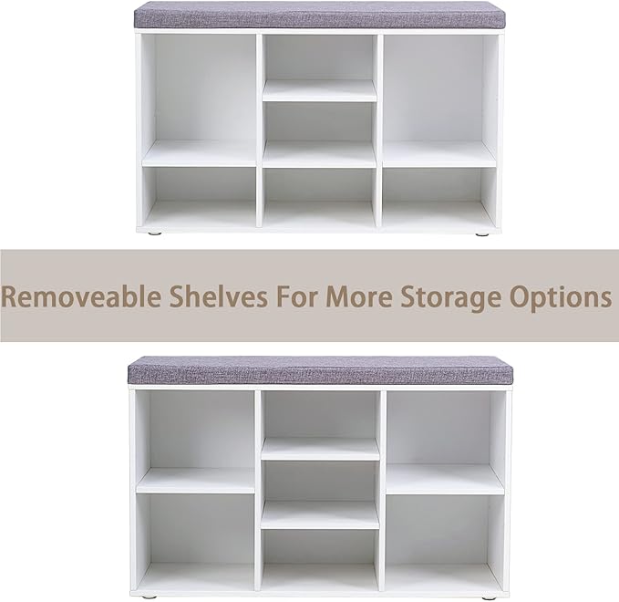 DINZI LVJ Shoe Storage Bench with Cushion, Cubby Shoe Rack with 9 Cubbies, Adjustable Shelves, Multifunctional Shoe Organizer Bench for Entryway, Mudroom, Hallway, Closet and Garage, White
