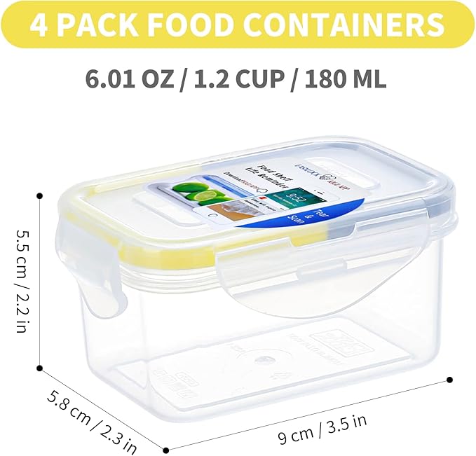 KIGI 4 PACK 6OZ Small Plastic Food Storage Container Set Portion Control Mini Bento Box Leaf-proof To-go Container with Lids