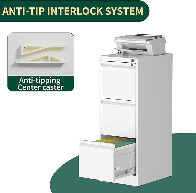 3 Drawer File Cabinet with Lock, Steel Vertical Filing Storage Cabinet for Home Office, Heavy-Duty File Cabinets for Letters/Legal/A4 (Require Assembly, White)