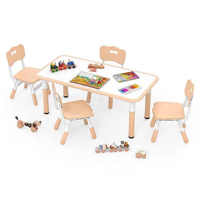 INFANS Kids Table and Chiar Set, Height Adjustable Toddler Desk and 4 Chairs with Graffiti Desktop Non-Slip Legs, Large 47" L x 23.5" W Multi-Activity Art Table for Daycare Classroom Home (Natural)
