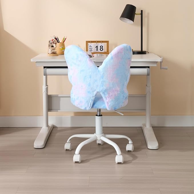 Contemporary Butterfly Shaped Kids Desk Chair, Adjustable Height, Blue-Purple Fur