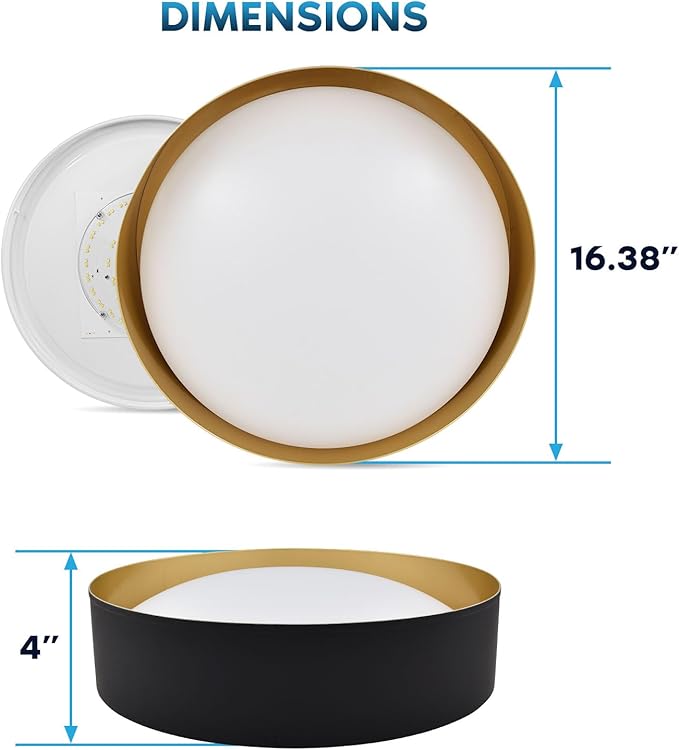 LUXRITE 17-Inch LED Flush Mount Ceiling Light, 5CCT Selectable 2700K–5000K, 2420 Lumens, 34W, CRI 90, Dimmable, Damp Rated, Decorative Flush Mount with Interchangeable Canopy - Black & Gold Finish