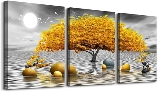 Wall decorations for living room Canvas Wall Art for bedroom Abstract wall decor Black and white Canvas Art Yellow tree paintings bathroom Home Decoration 3 Piece Hang Pictures Office Wall Artworks