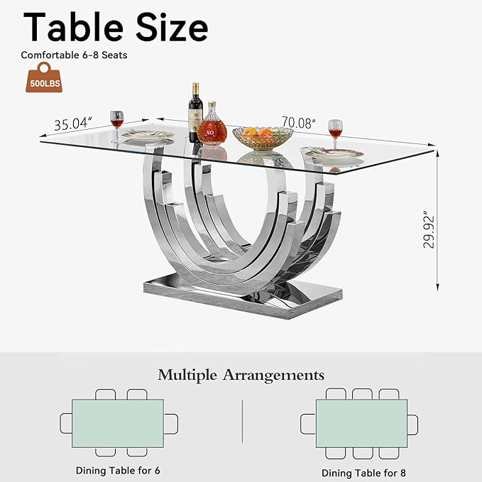 Goujxcy 70" Modern Glass Dining Table for 6-8, Luxury Silver Glass Dining Room Table with Mirrored Ring-Shape Stainless Steel Base, Rectangle Kitchen Dinner Tables for Dining Room Kitchen