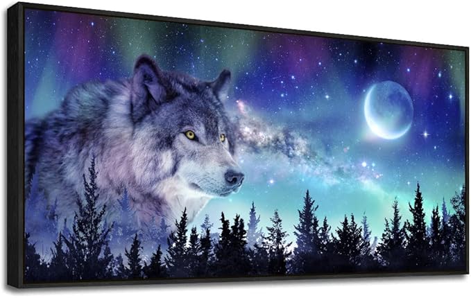 Framed Canvas Wall Art - Large Size Aurora Scenery Paintings - Abstract Wolf Wall Pictures - Black Framed 24" X 48" - For Living Room, Bedroom & Office Decor