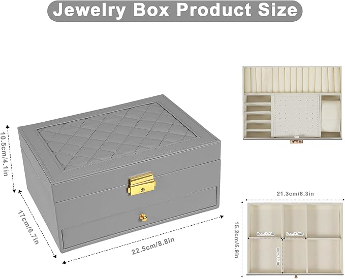 Jewelry Box for Women Girl Wife - Large PU Leather Jewelry Organizer Storage Case with Two Layers Display for Earrings Bracelets Rings Watches (Grey)
