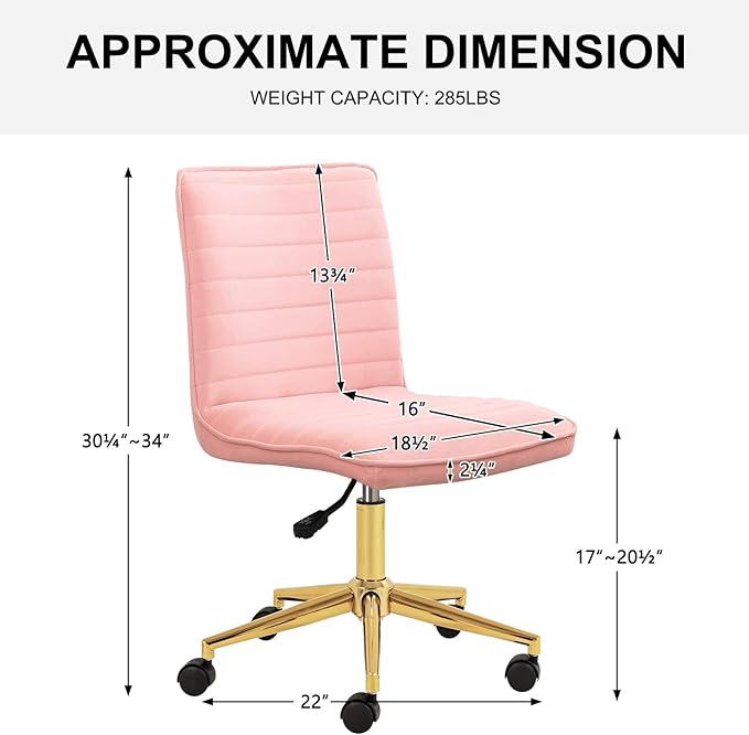 Furnimart Pink Swivel Armless Desk Chair with Wheels, Small Velvet Upholstered Home Office Desk Chair Mid-Back Adjustable Chair for Teen Girl Vanity Desk Bedroom Dorm Living Room (Velvet-Pink)