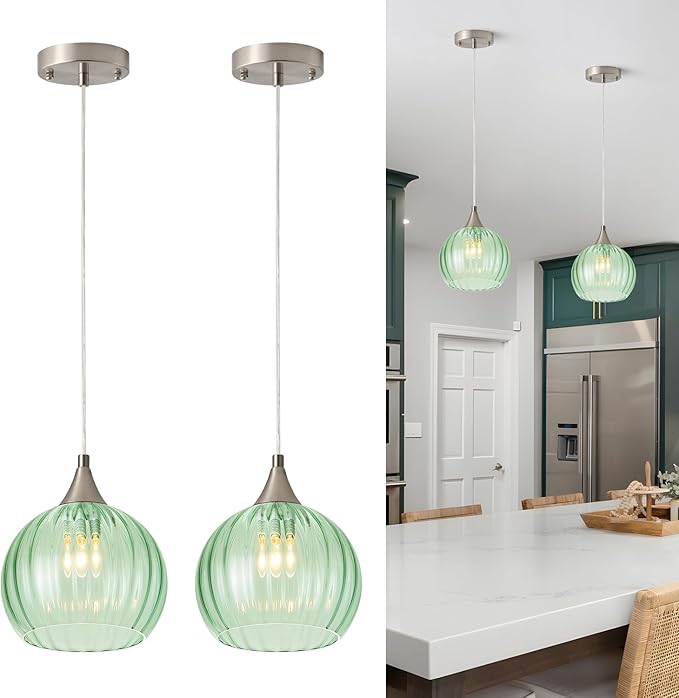 Brushed Nickel Pendant Lights Kitchen Island, Globe Pendant Light Fixtures with 8 Inch Clear Glass Shade, Modern Hanging Light Fixtures for Kitchen, Bedroom (2 Pack - Green Glass Pendant Light)