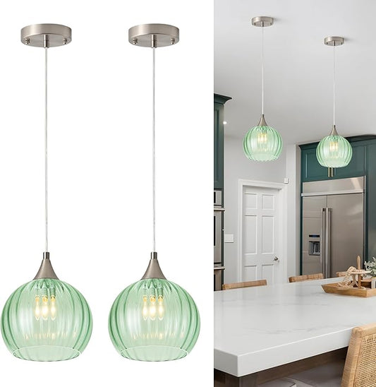 Brushed Nickel Pendant Lights Kitchen Island, Globe Pendant Light Fixtures with 8 Inch Clear Glass Shade, Modern Hanging Light Fixtures for Kitchen, Bedroom (2 Pack - Green Glass Pendant Light)
