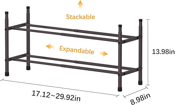 TZAMLI 2-Tier Shoe Rack for Closet, Expandable and Stackable Shoe Organizer Adjustable Metal Shoe Storage Small Shoe Shelf for Entryway Entrance, Brown