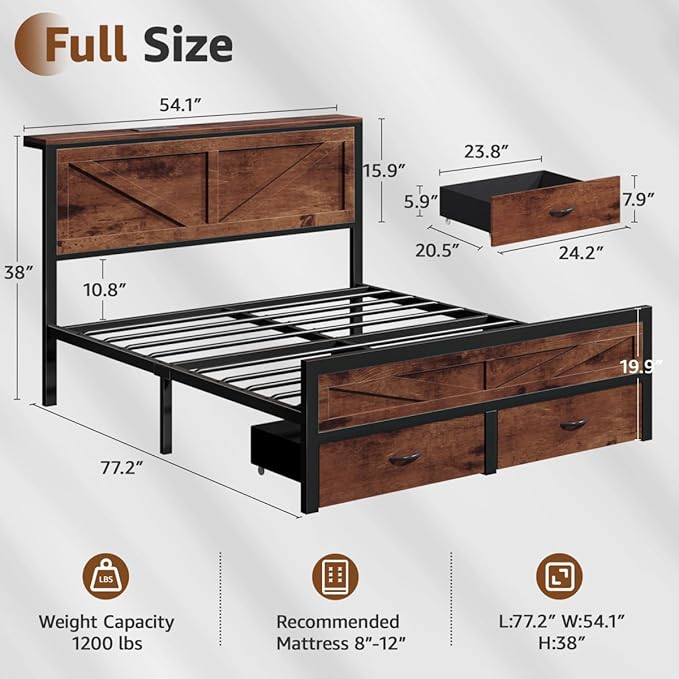 Rustic Full Size Bed Frame with Storage Drawers and Barn Door Headboard, Farmhouse LED Bed Frame Full with Charging Station, Metal Industrial Platform Bed Frames, No Box Spring Needed, Brown