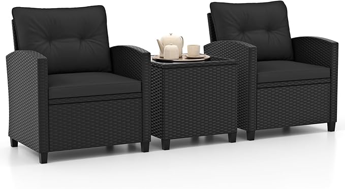 RELAX4LIFE 3-Piece Patio Furniture Set - Wicker Rattan Bistro Sofa Set with Glass Top Coffee Table, Washable Cushions for Porch, Balcony, Backyard, Poolside, Outdoor Conversation Set (Black)