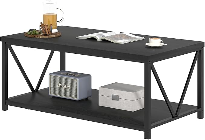 EXCEFUR Small Coffee Table, Modern Living Room Tables with Storage Shelf, Rustic Wood Rectangle Center Table, 2 Tier Wooden Low Cocktail Tea Table for Small Spaces, 39.3 Inch Black Oak