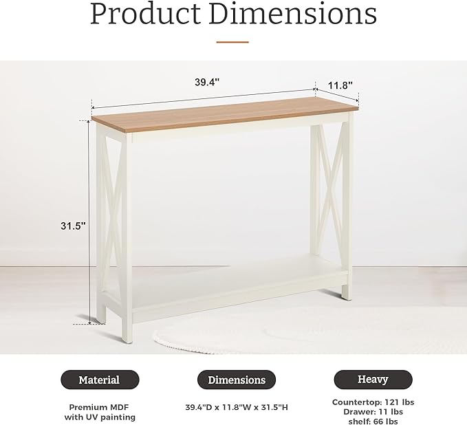 GREEN PARTY Vintage Farmhouse Entryway Console Table, 2-Tier Narrow Sofa Table with Storage Shelf for Living Room and Hallway, Rustic White Accent Furniture with Sturdy X-Shaped Legs